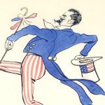 The caricaturist SEM depicted James striding from New York to Paris, where he lived for forty years after the Hyde Ball. James never returned to the United States until Germans took over Paris in World War II.